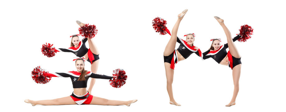 Two professional cheerleaders with pompoms posing at studio. Vertical split. Isolated over white. girl dancer practicing mixed dance and stretching, extending leg up, vertical twine, image set