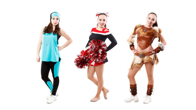 young athlete is dressed in different suits - for fitness, for cheerleading and in a costume of a warrior made of leather. Isolated over white. image set