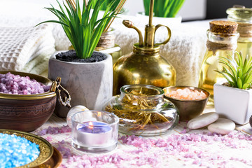 Items for spa massage in the composition on the table