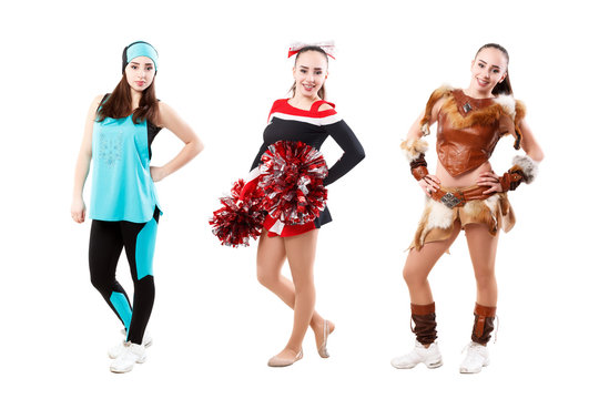 young athlete is dressed in different suits - for fitness, for cheerleading and in a costume of a warrior made of leather. Isolated over white. image set