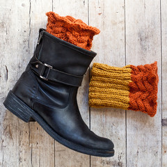 black leather boot and knitted wood legwarmers