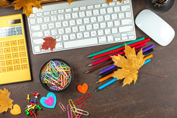 Back to school. Items for school classes in the composition on the table.