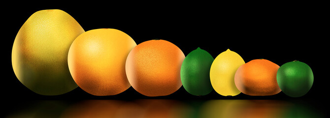 Eight popular citrus fruits are pictured in a 3D illustration. These include: pomelo, grapefruit, orange, lime, lemon, tangerine, key lime and kumquat.