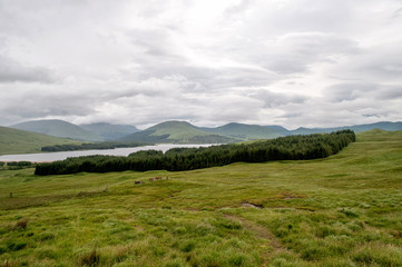 Slightly mountainous landscape full of lakes and marshes in Scotland