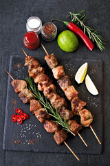 Fresh hot kebab with rosemary, lime and chili. Keto diet. Paleo diet. Pegan diet.