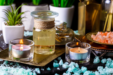 Items for spa massage in the composition on the table