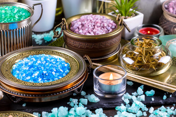 Items for spa massage in the composition on the table