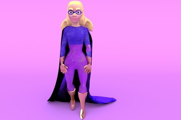 Cute cartoon character. Woman Superhero. 3d rendering