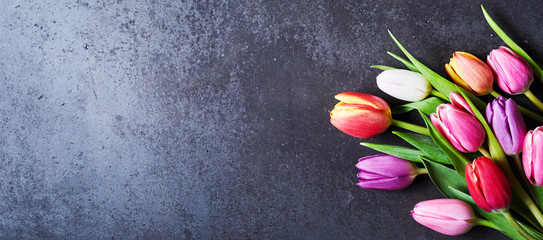 Tulips bouquet on dark grey background