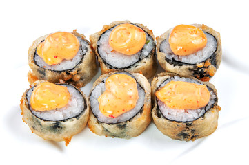 close up of sashimi sushi set, roll with delicious cream