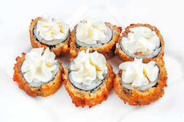 close up of sashimi sushi set, roll with delicious cream