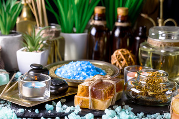 Items for spa massage in the composition on the table