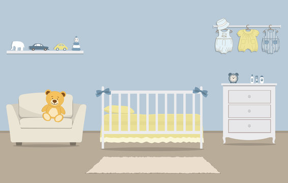 Kid's room for a newborn baby. Interior bedroom for a baby boy in a blue color. There is a cot, a dresser, armchair, baby clothes, a shelf wih toys and other things in the picture. Vector illustration