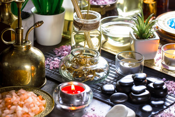 Items for spa massage in the composition on the table