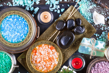 Items for spa massage in the composition on the table