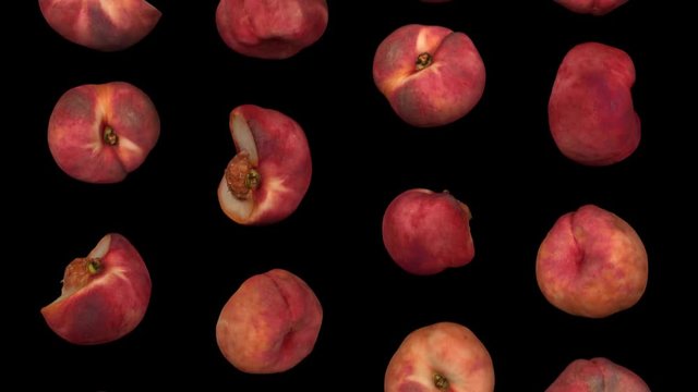 Realistic render of falling saturn peaches on black background. The video is seamlessly looping, and the objects are 3D scanned from real peaches.