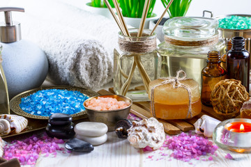 Items for spa massage in the composition on the table