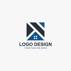 Real estate company logo design. Home blue vector. Property management logo.