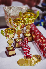 Reward gifts and cups are prepared for ceremony on sport competition tournament and medals