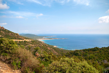 Fototapeta na wymiar View of the wooded coast and sandy beaches with the clear blue sea on the island of Corsica