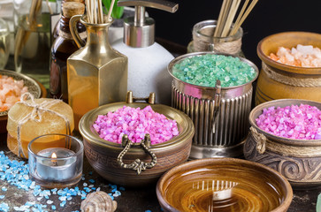 Items for spa massage in the composition on the table