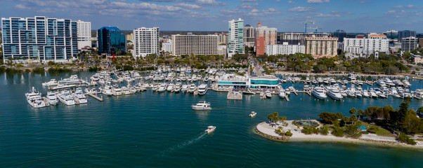 Drone view of Marina Jack from Bayfront park looking North at the Sarasota high rise landscape