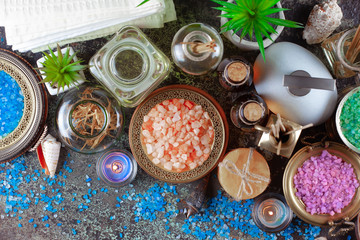 Items for spa massage in the composition on the table