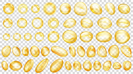 Set of yellow translucent water drops and bubbles of different shapes, isolated on transparent background. Transparency only in vector format