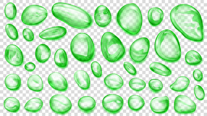 Set of green translucent water drops of different shapes, isolated on transparent background. Transparency only in vector format