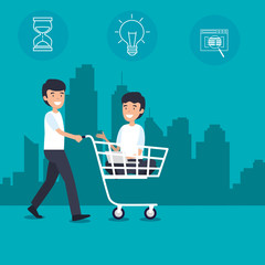 men with shopping car and business data