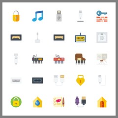 25 key icon. Vector illustration key set. sheet music and usb icons for key works