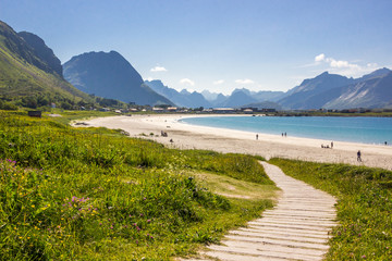 Ramberg beach and mountains in Lofoten in Norway