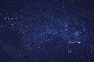 Explained astronomy - Southern Cross and dark nebula Coal Sack on the left, Carina Nebula on the right. Southern Milky way in New Zealand sky