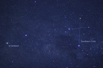 Explained Astronomy - Alpha Centauri on the left, Southern Cross on the right with Dark Nebula Coal Sack nearby at New Zealand sky