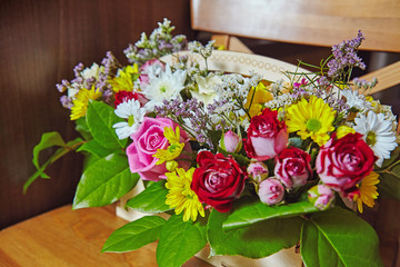 Beautiful fresh bouquet inside wooden box