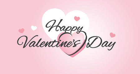 Happy Valentines Day banner with hearts and handwritten calligraphy with pink white background