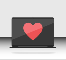 Personal computer, Desktop computer, Laptop, Computer, Monitor Realistic Flat Styles Isolated with Like, Heart, Love red color on Background. Vector Illustration. Black color.