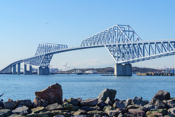 Obraz premium Big Bridge looks like a dinosaur over Tokyo Bay in Japan