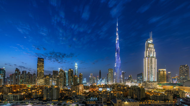 Dubai Downtown skyline at Magic hour