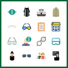 16 glasses icon. Vector illustration glasses set. salesman and notepad icons for glasses works
