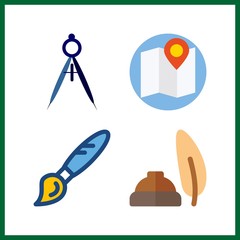 4 grunge icon. Vector illustration grunge set. quill and map icons for grunge works