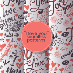 Love lettring vector seamless pattern lovely calligraphy lovable sign sketch iloveyou on Valentines day beloved card illustration backdrop set of love decor typography background