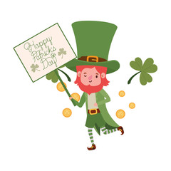 happy patricks day label with leprechaun character