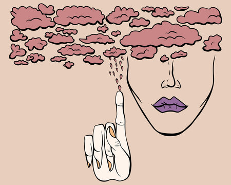 Vector character of woman face with violet lips, hand and clouds. Illustration for t-shirt print, card or poster. Finger, hand gesture. Isolated head portrait on light pink background