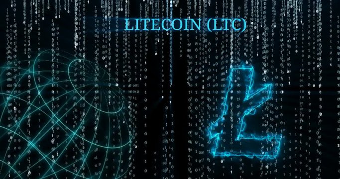 Glowing Litecoin (LTC) symbol against falling binary code symbols