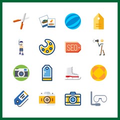 16 hobby icon. Vector illustration hobby set. tags and photography icons for hobby works