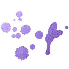 Violet ink splashes and stains on the white isolated background. Chaotic stylish abstract organic design.