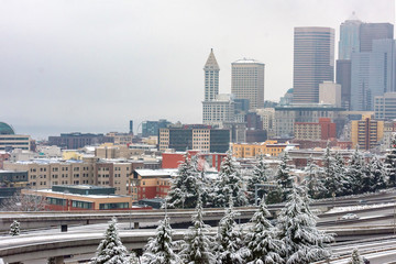 Downtown Seattle covered in snow on a cloudy winter day