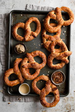 Overhead view of pretzels on baking tray