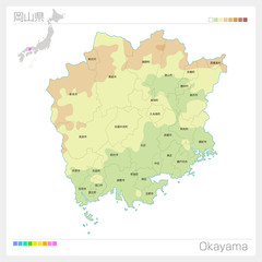 Fototapeta na wymiar 岡山県の地図（等高線・色分け・市町村・区分け）